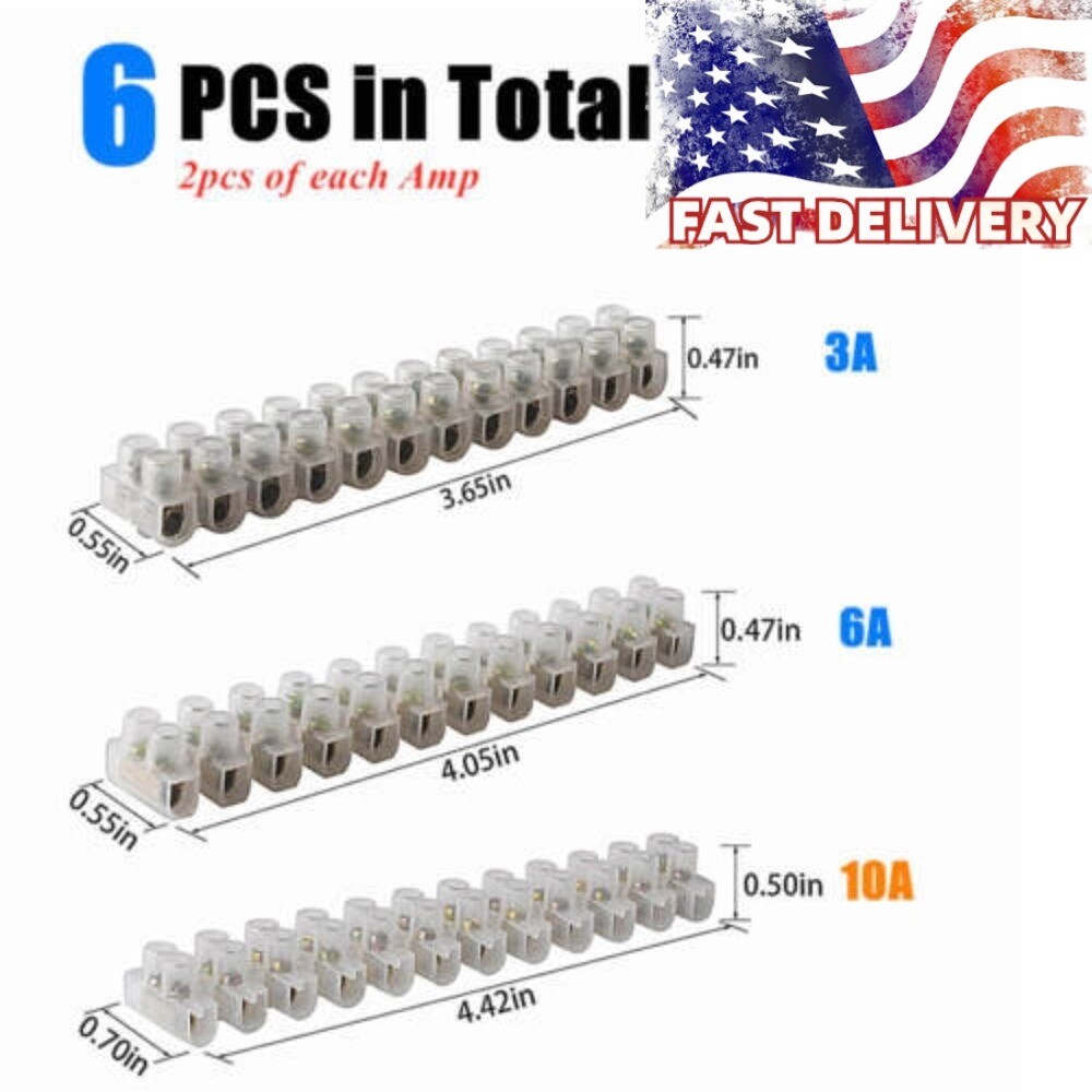 6x 12Way 3A+6A+10A Barrier Screw Terminal Block Wire Connection Connector Strip