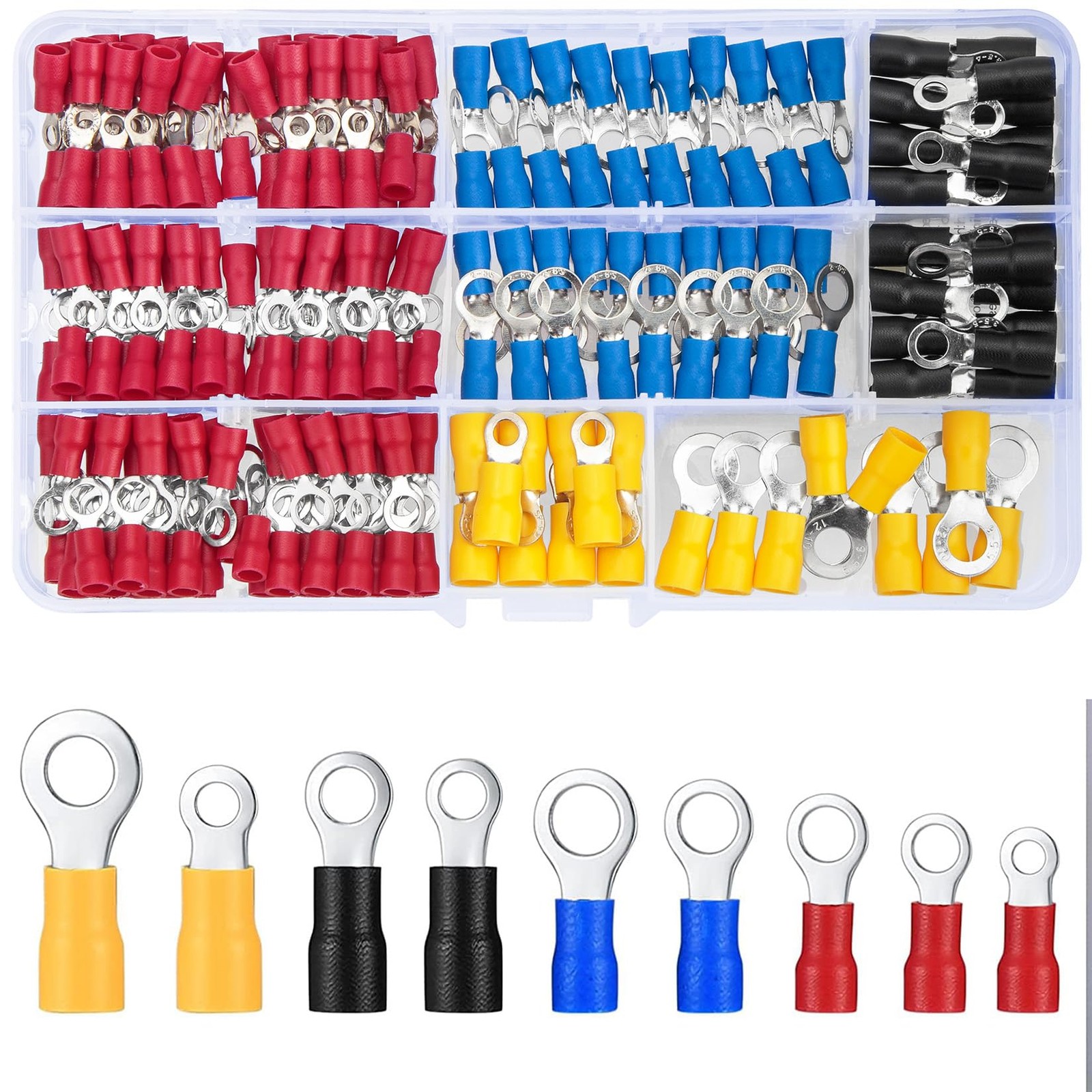 200 Pcs Mixed Quick Disconnect Ring Terminals, Insulated O Ring Crimp Terminals