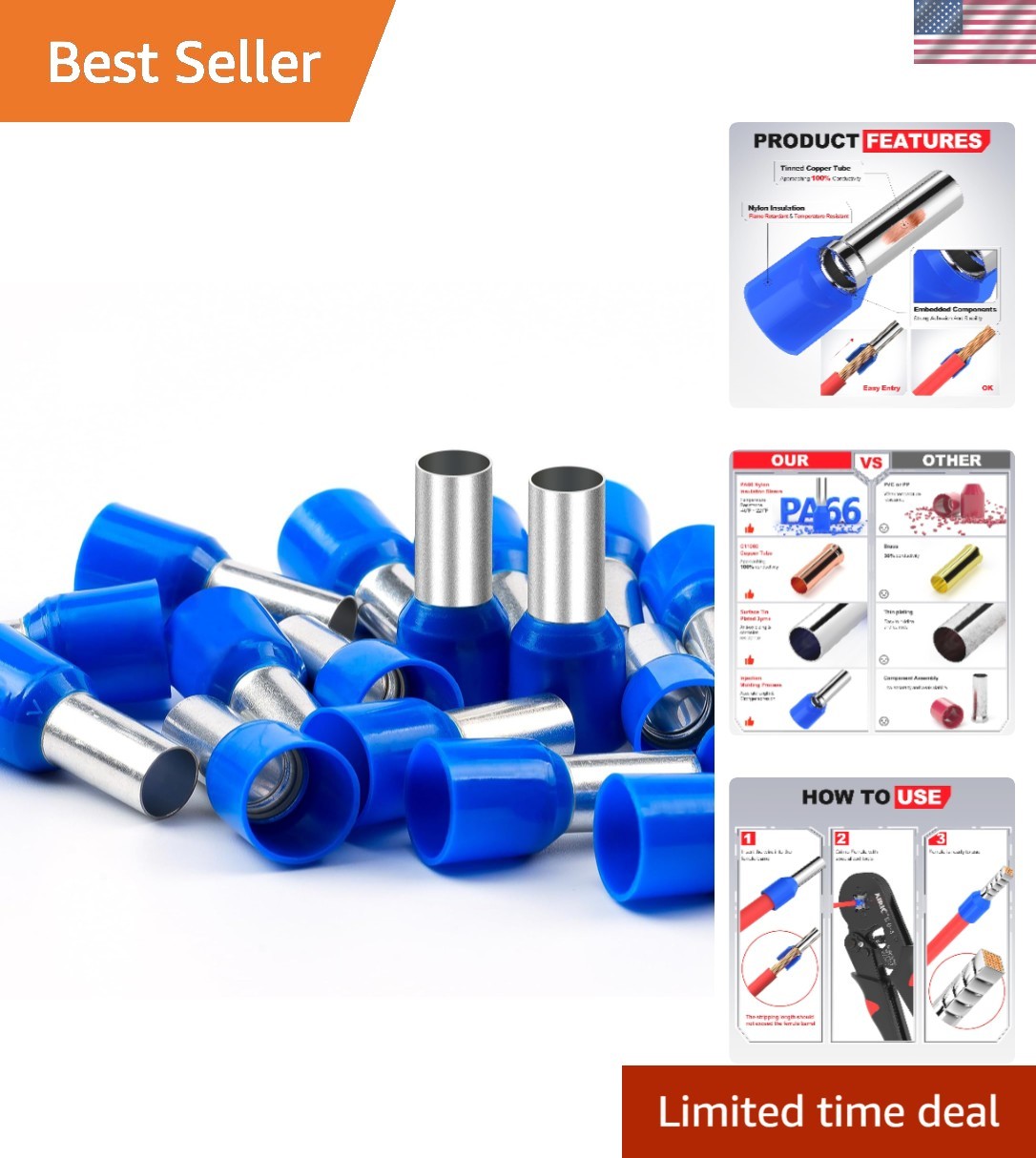 -Certified 100 Pack of 6 AWG Copper Crimp Terminals with Nylon Insulation