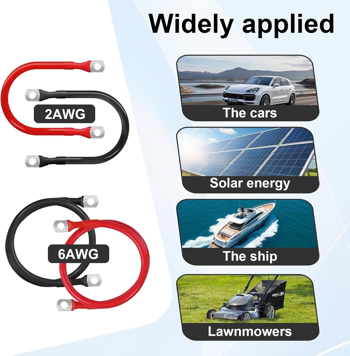 2AWG 1FT Heavy-Duty Battery Cable Set 1 Positive Negative M10 Large Terminals