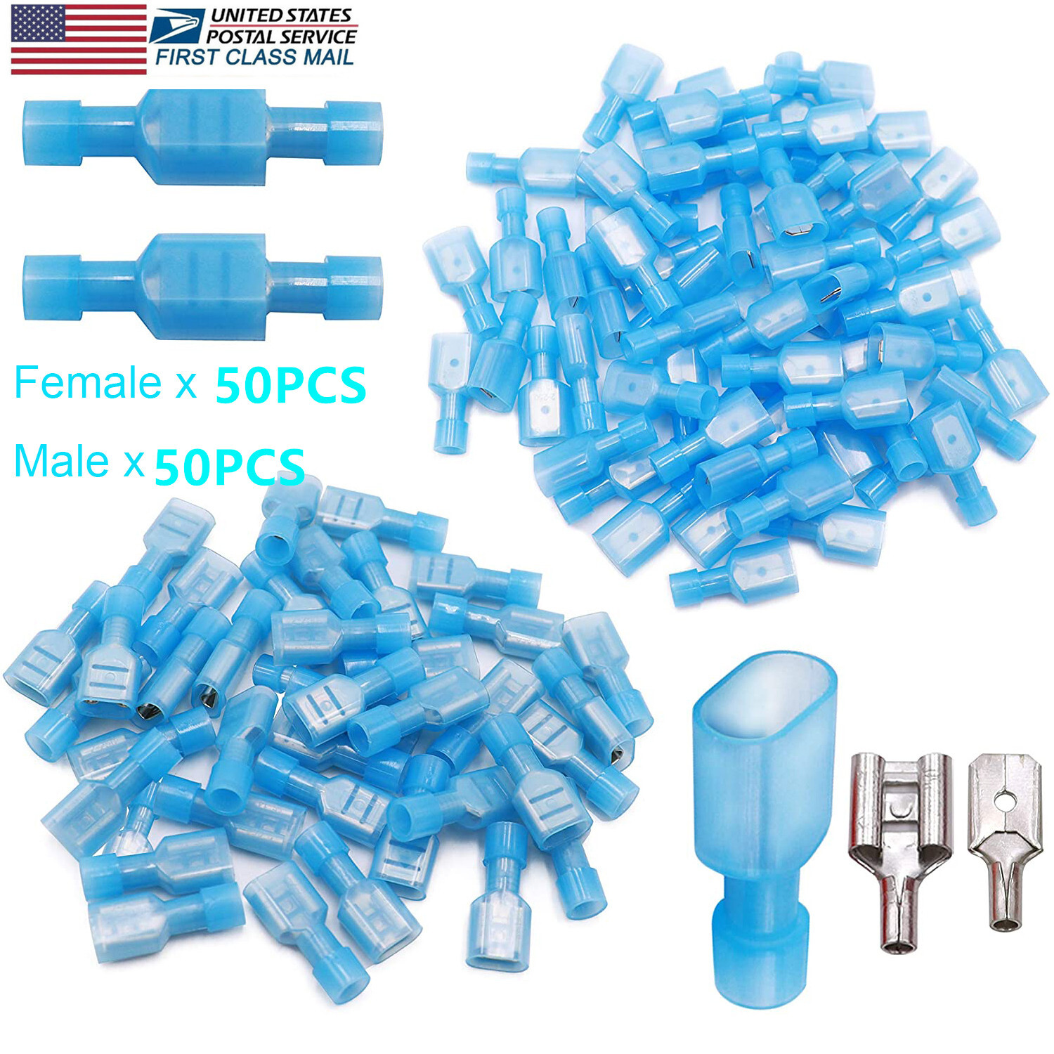 100PCS Male Female Insulated Wire Terminal Spade Crimp Connectors Blue 16-14 AWG