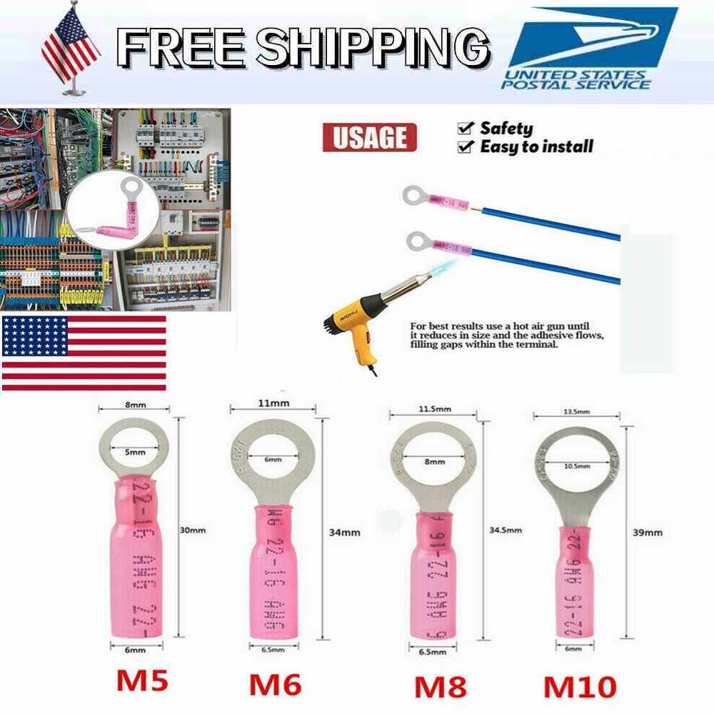 50/100PCS Red 22-16AWG Heat Shrink Wire Connector Ring Terminals M5/6/8/10 Stud