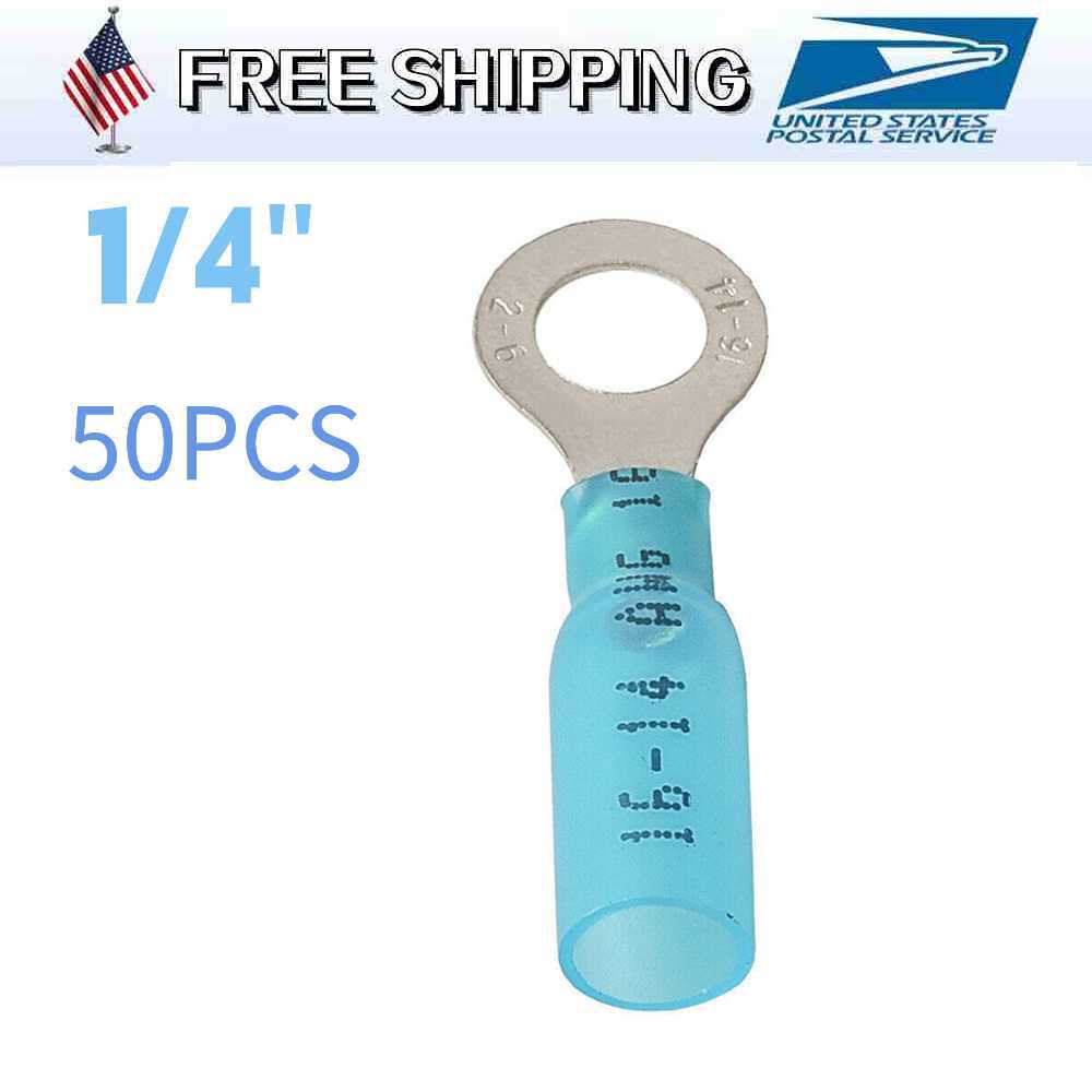 50PCS Heat Shrink Ring Terminals 1/4″ Eyelet Wire Connectors – Blue 16-14 Gauge