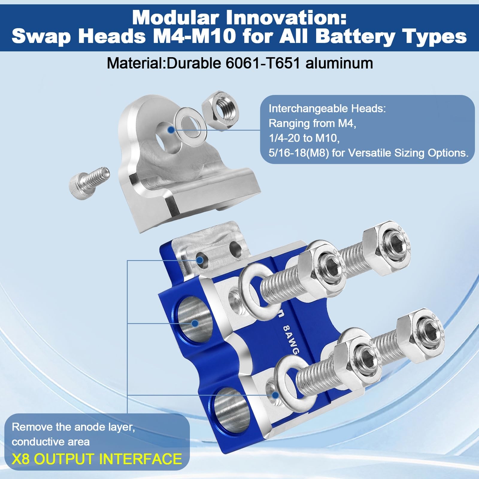 8Way Battery Terminal Connector 8AWG To 4/0 AWG Copper Aluminum Top Post HD