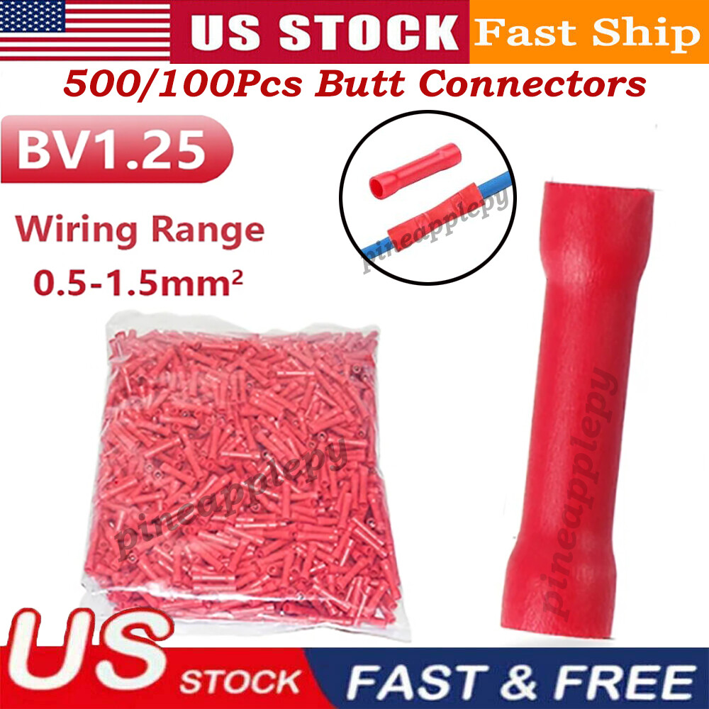 500/100Pcs Insulated Straight Butt Wiring Crimp Wire Terminal Connector 22-18AWG