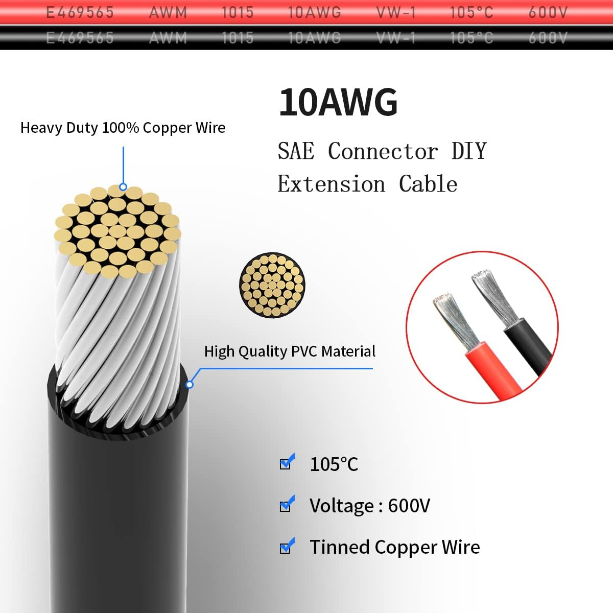 2FT 10AWG Battery Alligator Clips to O Ring Quick Disconnect Cable with 5A Fuse