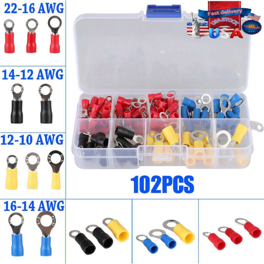 102Pcs Insulated Electrical Wire Splice Terminal Crimp / Ring Connector Kit NEW