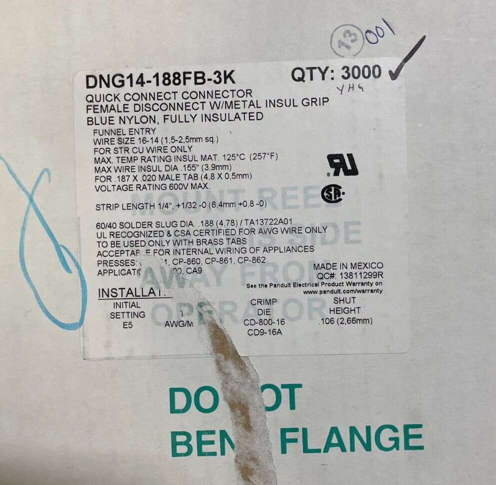 Panduit Nylon Fully Insulated Female Quick Connector 16-14 Gauge .187 Tab – 1000