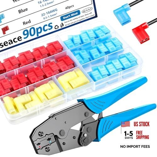 91pcs Right Angle Spade Connectors with Flag Terminal Crimper 22-18/16 91Pcs