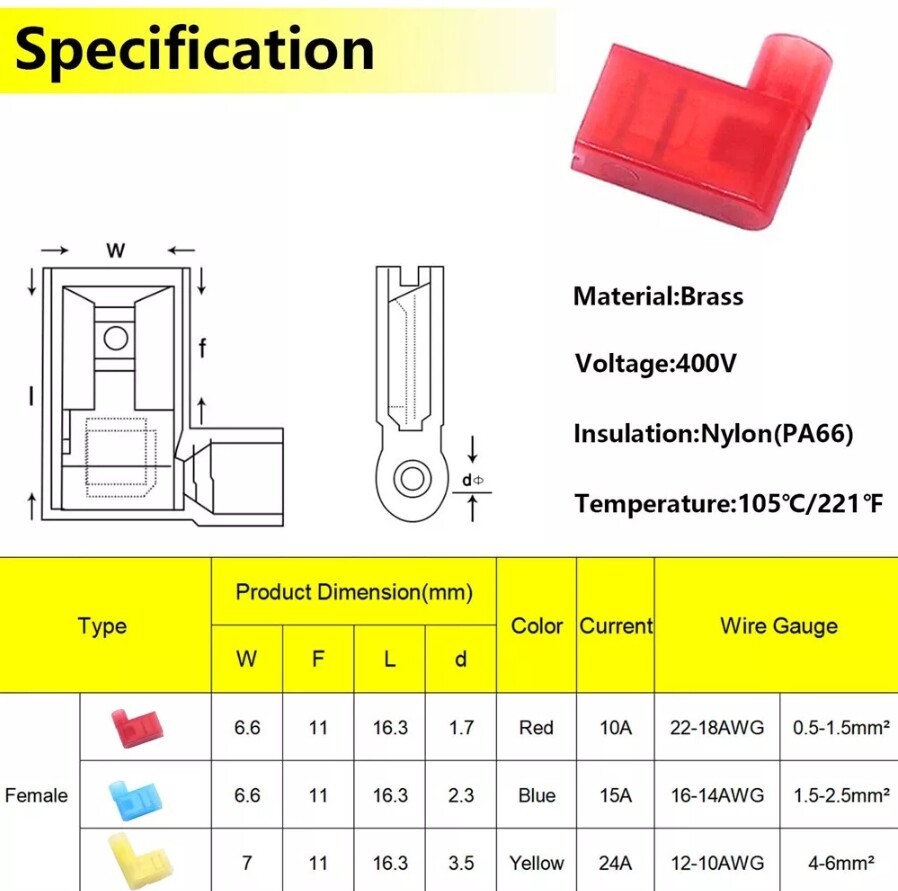 22-18 AWG 90 Degree Nylon Flag Spade Terminals Female Crimp Connectors Insulated