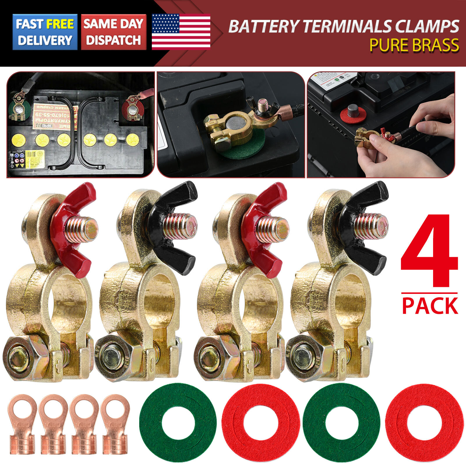 Solid Brass Battery Terminal Connector Top Post End Clamps Set for Car Marine，4x