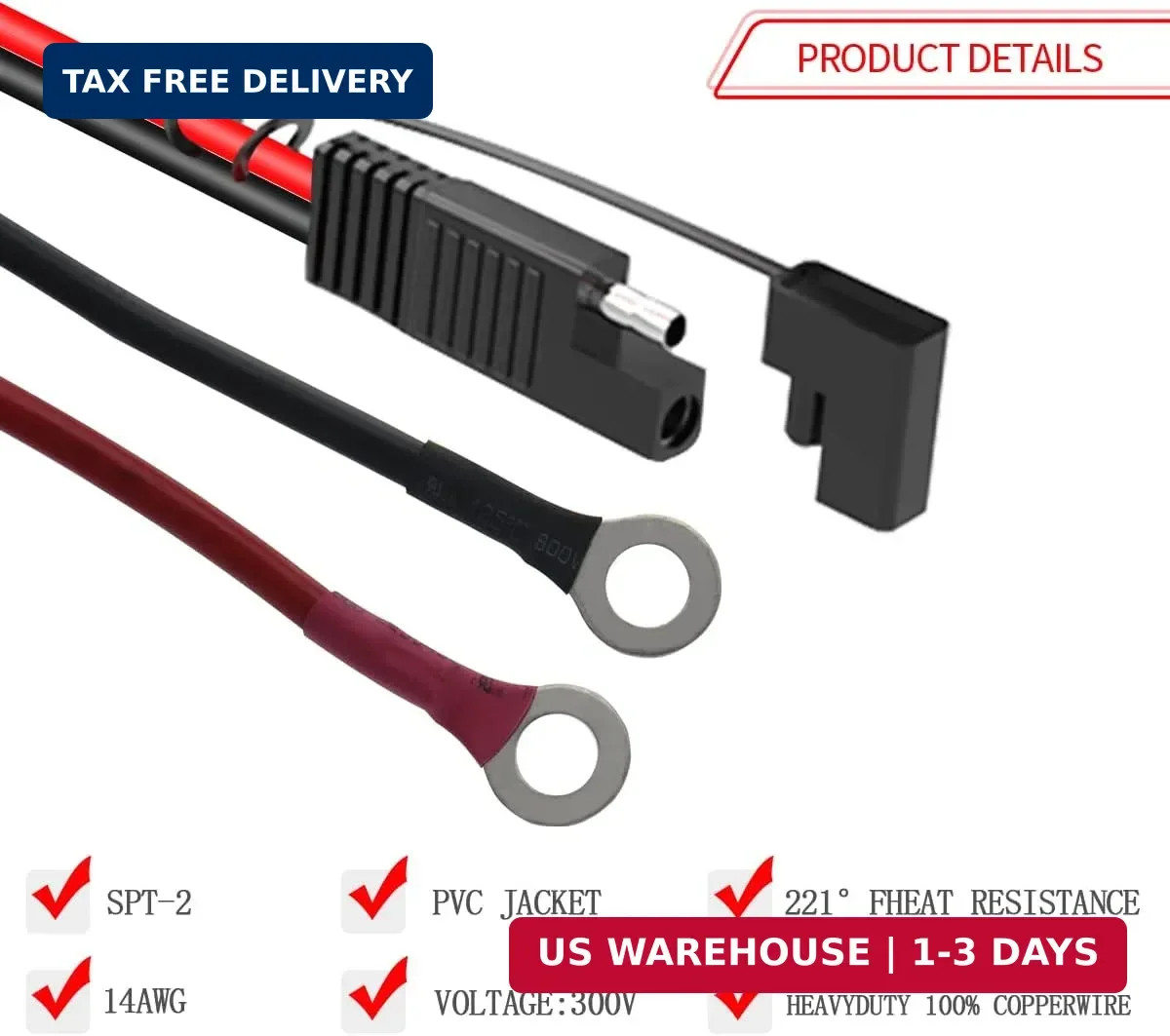 SAE to O Ring Terminal Harness, 14AWG 2FT SAE Battery Connector 2 Pin Qu