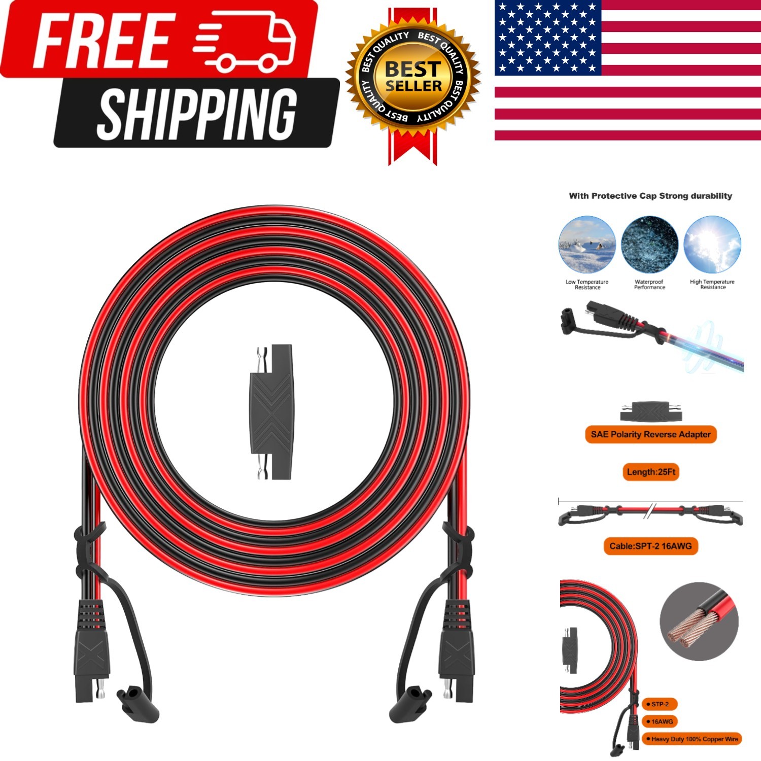 12Feet SAE to SAE Extension Cable Quick Disconnect Connector 16AWG,for Automo…