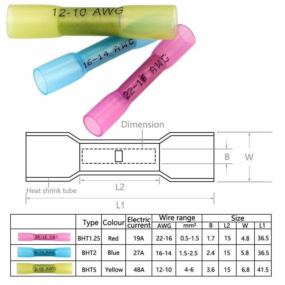 500/300Pcs 22-10AWG Heat Shrink Butt Wire Splice Connectors Seal Crimp Terminals