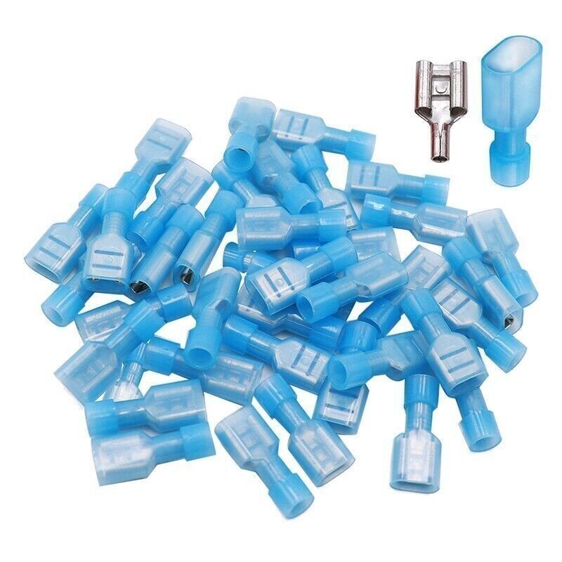 100PCS Blue Female Insulated Wire Spade Terminals Crimp Connectors AWG 16-14 US