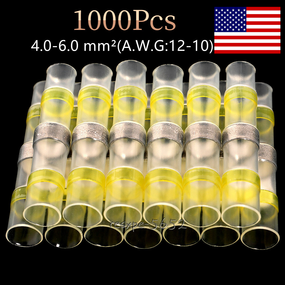 1000x 12-10 Gauge Solder Seal Wire Connectors Heat Shrink Butt Terminals Yellow