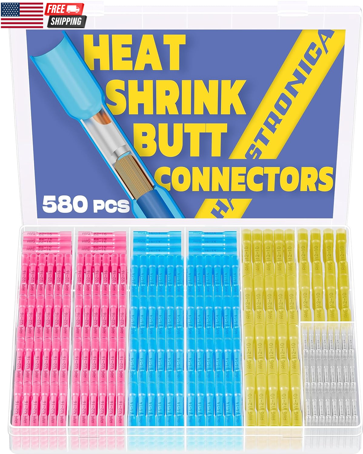 580PCS Heat Shrink Butt Connectors, AWG 26-10 Marine Grade Heat Shrink Wire Conn