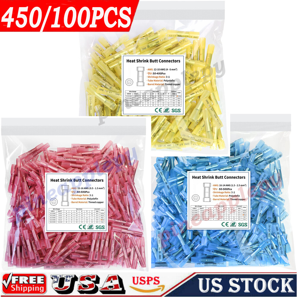 450-100Pcs Insulated Heat Shrink Butt Splice Crimp Electrical Connector Terminal