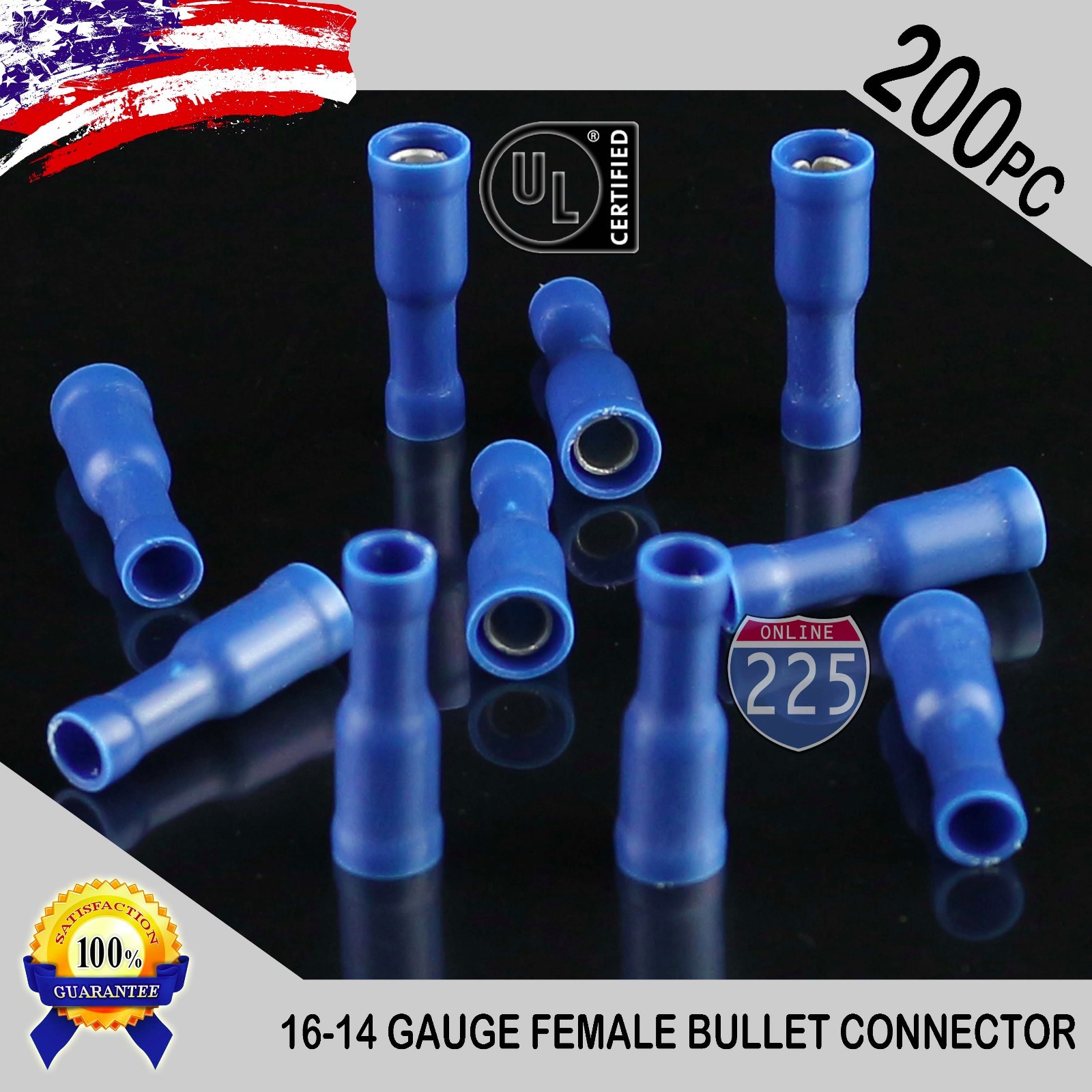 200 Pack 16-14 Gauge Blue Female Bullet Connector Fully Insulated Vinyl .156″ UL