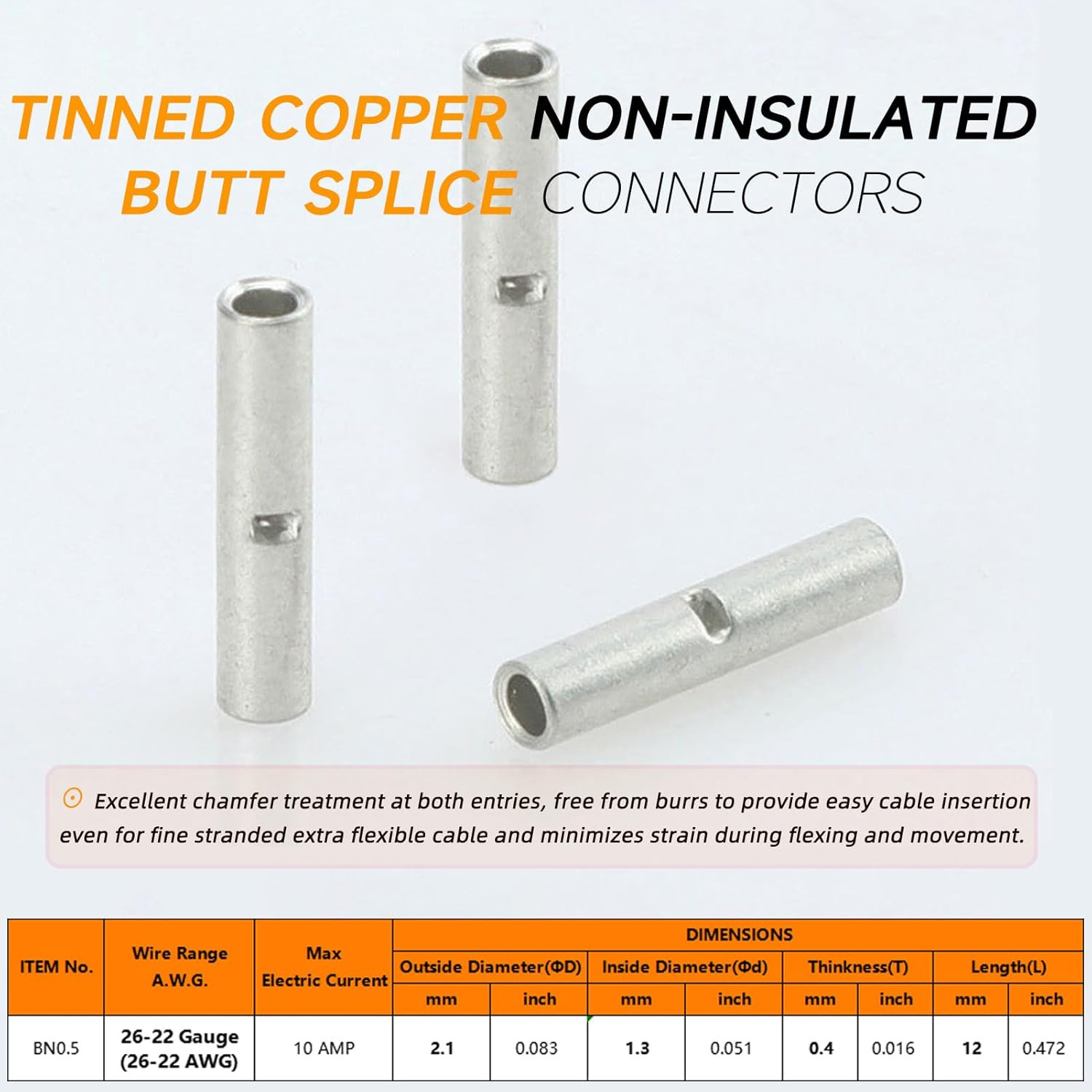100PCS 26-22 Gauge Non Insulated Butt Connectors 26-22 AWG Uninsulated Butt Spli