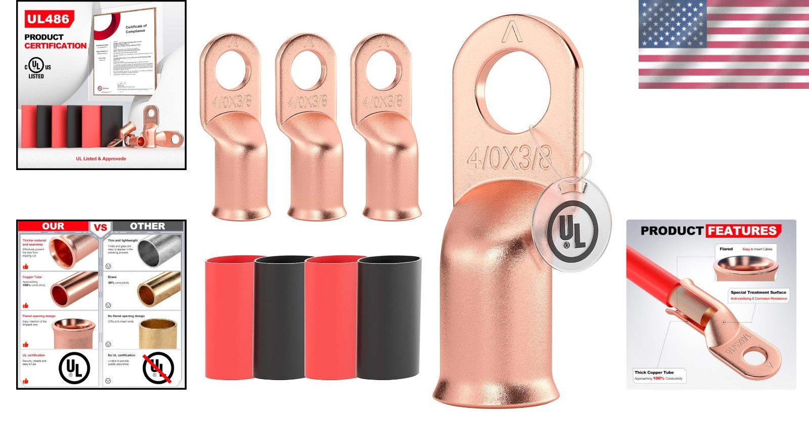 Listed 4/0 AWG – 3/8″ Battery Cable Lugs, Heat Shrink Ring Terminals End, Cop…