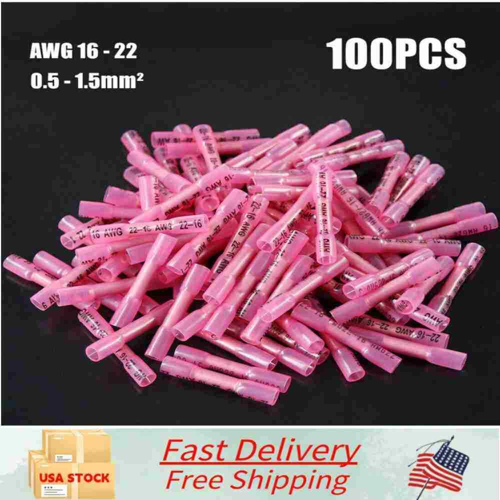 22-16AWG Heat Shrink Wire Butt Connector Waterproof Splice Terminals Red 100Pcs