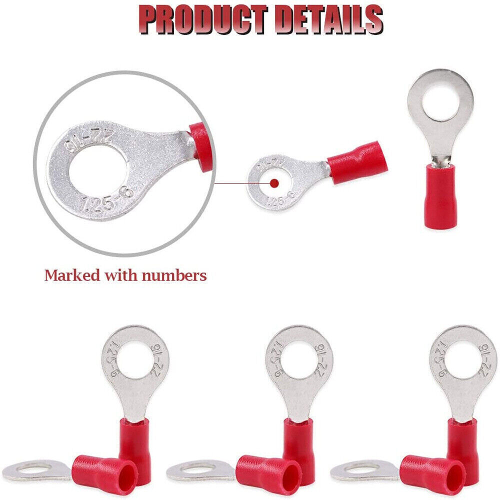 Red Cable Wire crimp Connector 6mm Ring terminal 22-16AWG RV1.25-6 200PCS