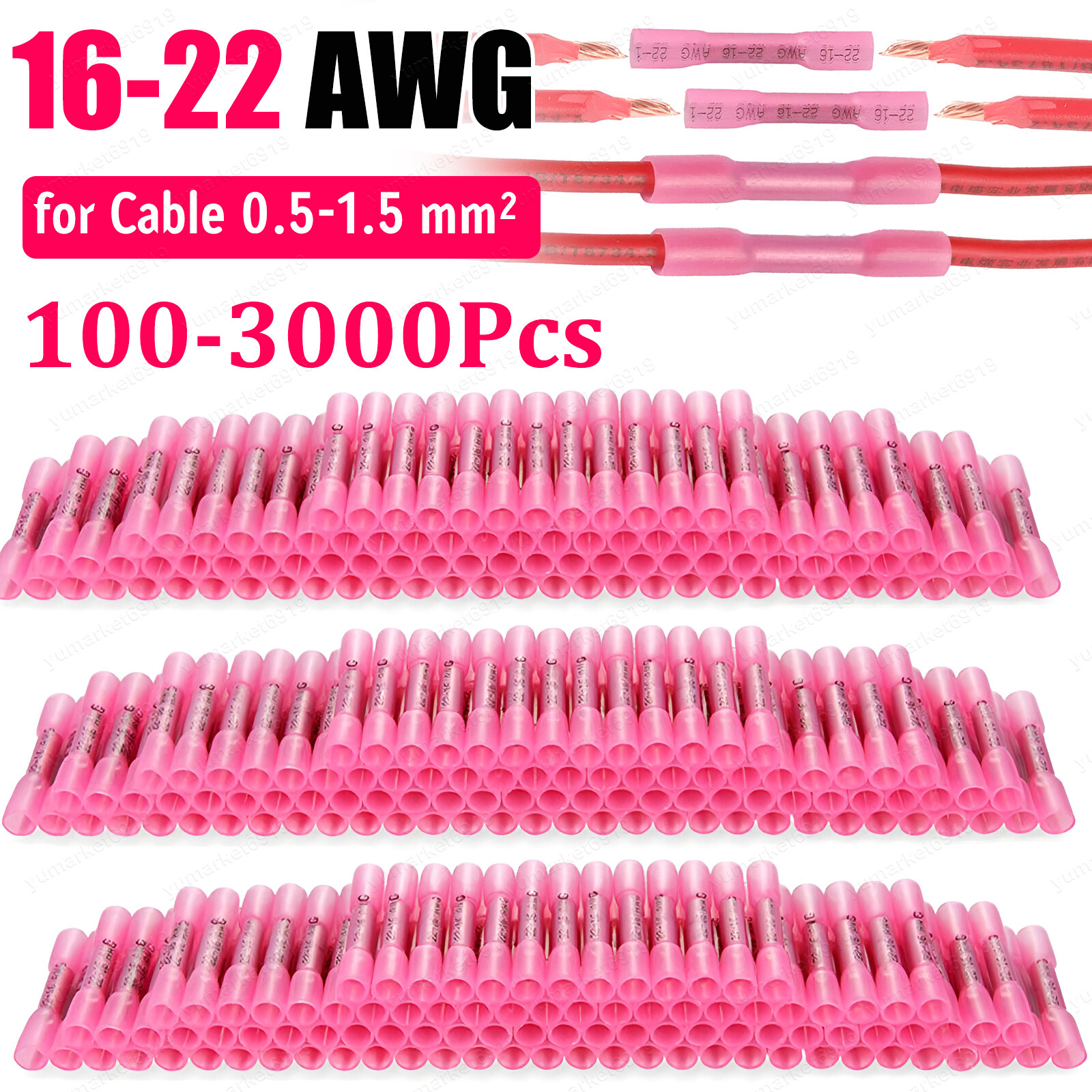 Lot 22-16AWG Pink Heat Shrink Wire Butt Connectors Waterproof Splice Terminals