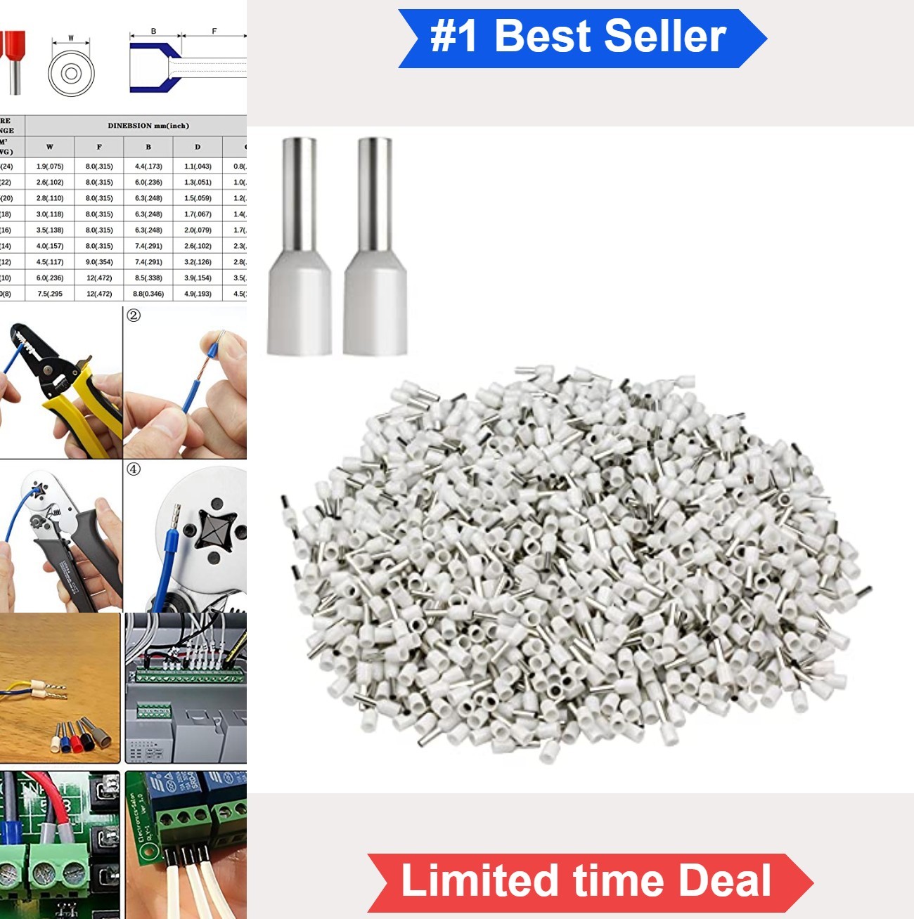 Wire Ferrules 22 AWG 0.5mm Insulated Copper Crimp Connectors 1000 Pcs White