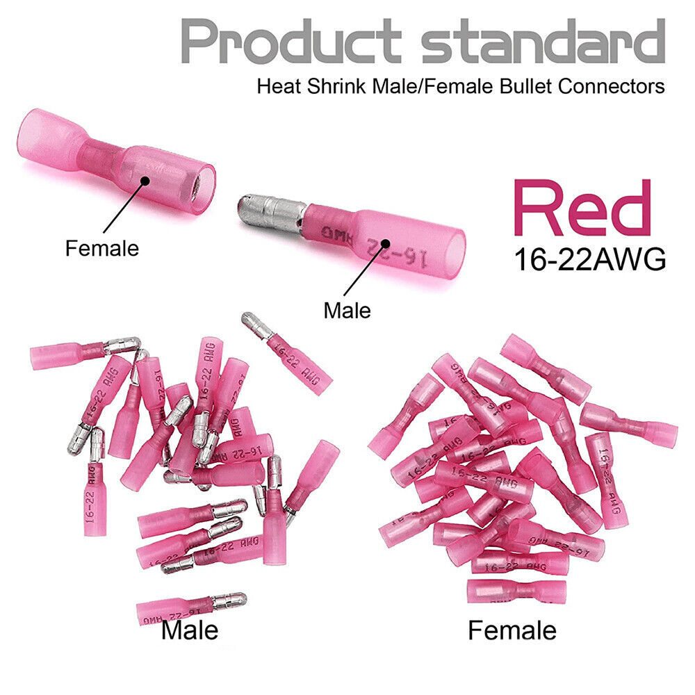 Waterproof Heat Shrink Bullet Female Male Wire Connector Crimp Terminals 10-22Ga