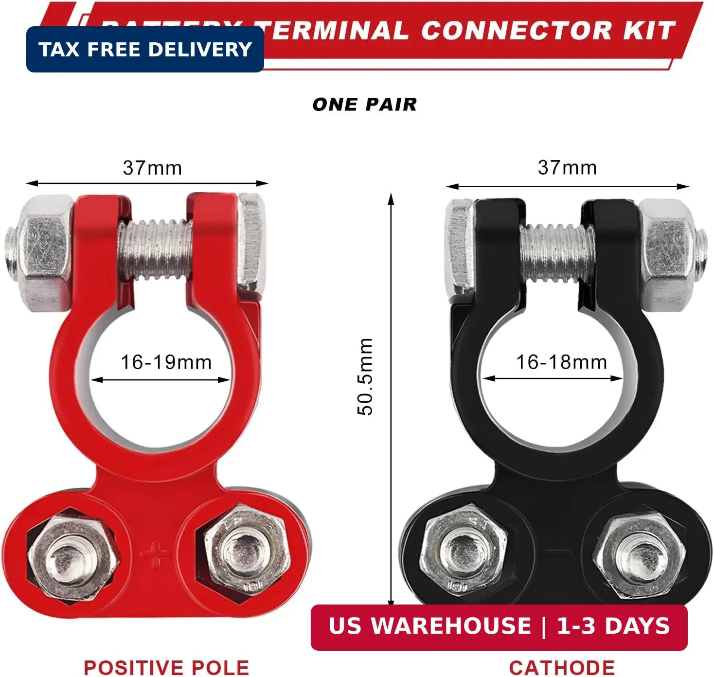 2 Pack Battery Terminal Connectors Positive Negative Zinc Plated Clamps