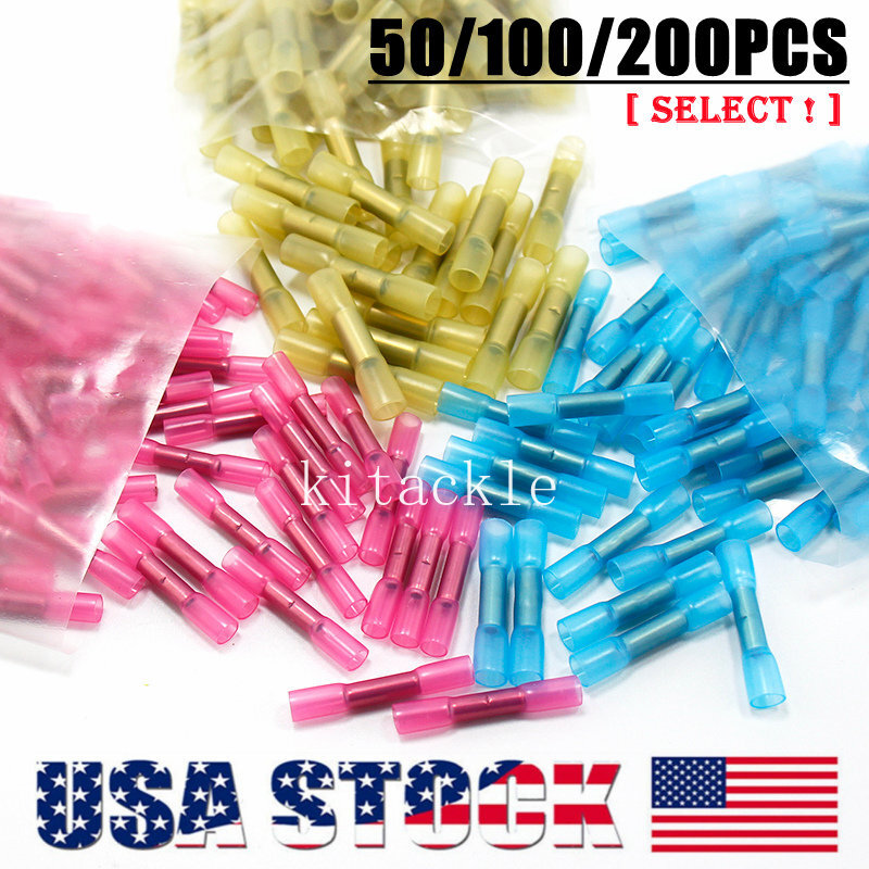 100/200PCS Waterproof Seal Butt Terminals Heat Shrink Crimp Wire Connectors Kit