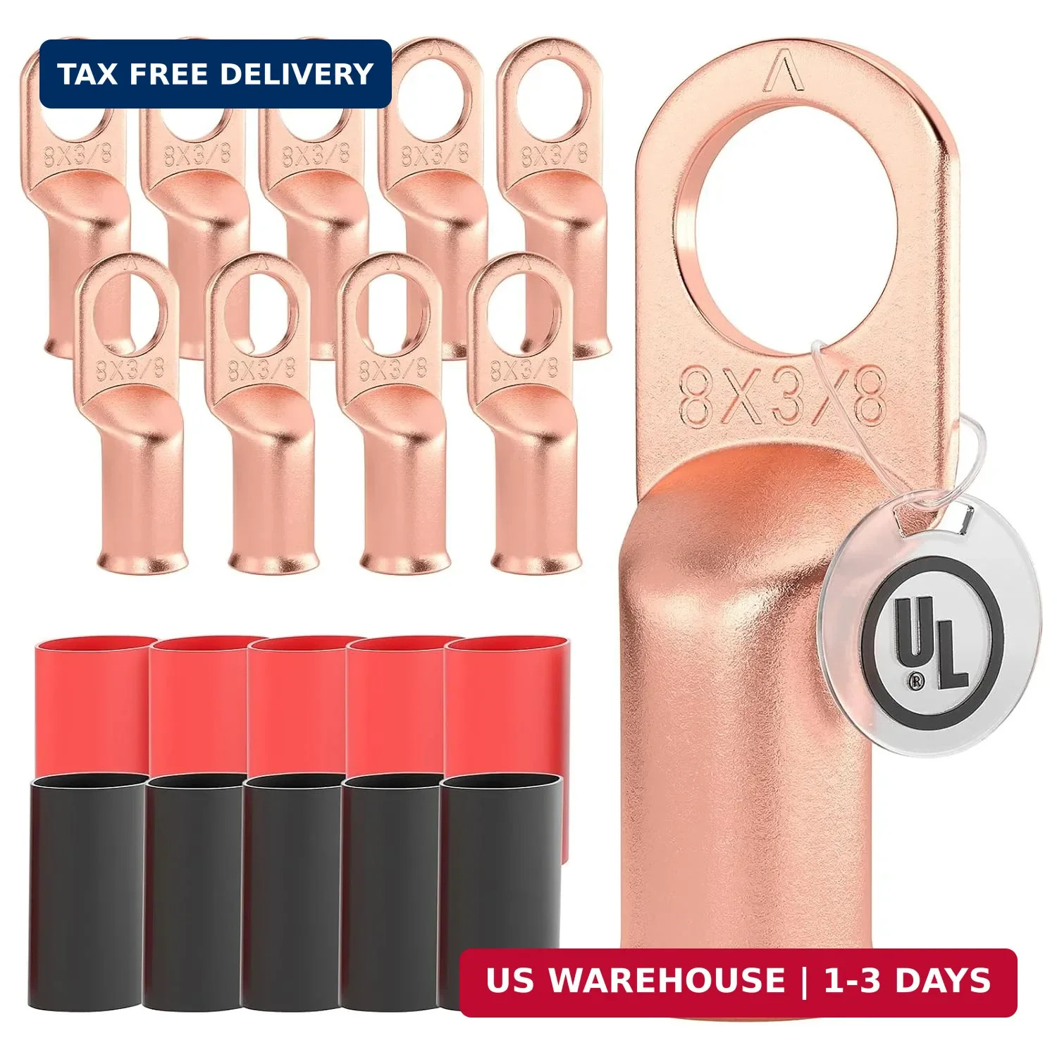 10 PCS UL Listed 8 AWG 3/8 Inch Battery Cable Lugs Copper Cable Ends