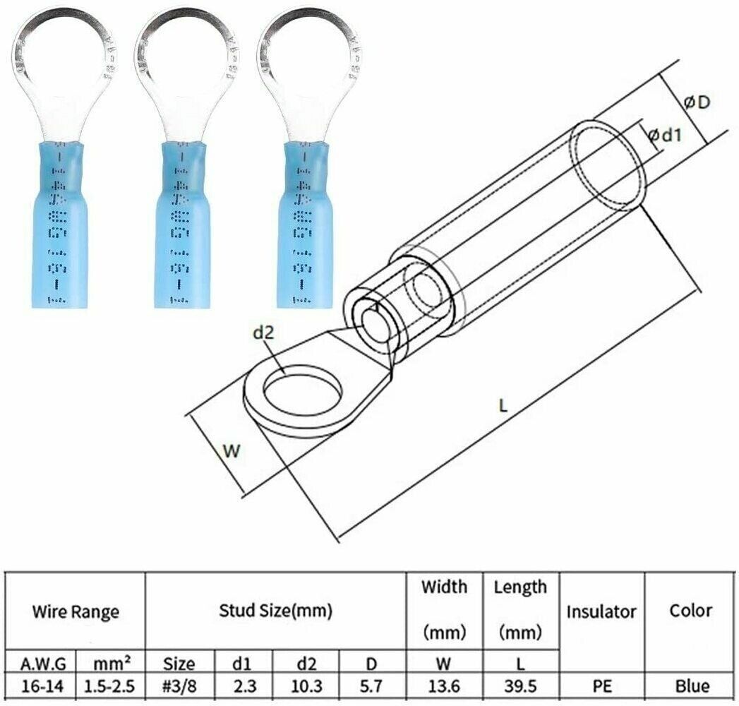200PCS Insulated Ring Crimp Terminals Heat Shrink Ring Connectors 16 – 14 Gauge