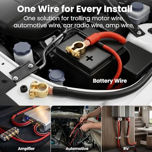 0 Gauge Wire Kit CCA 3-in-1, 1/0 AWG 25ft Each + Lugs + Shrink Wrap Black/Red