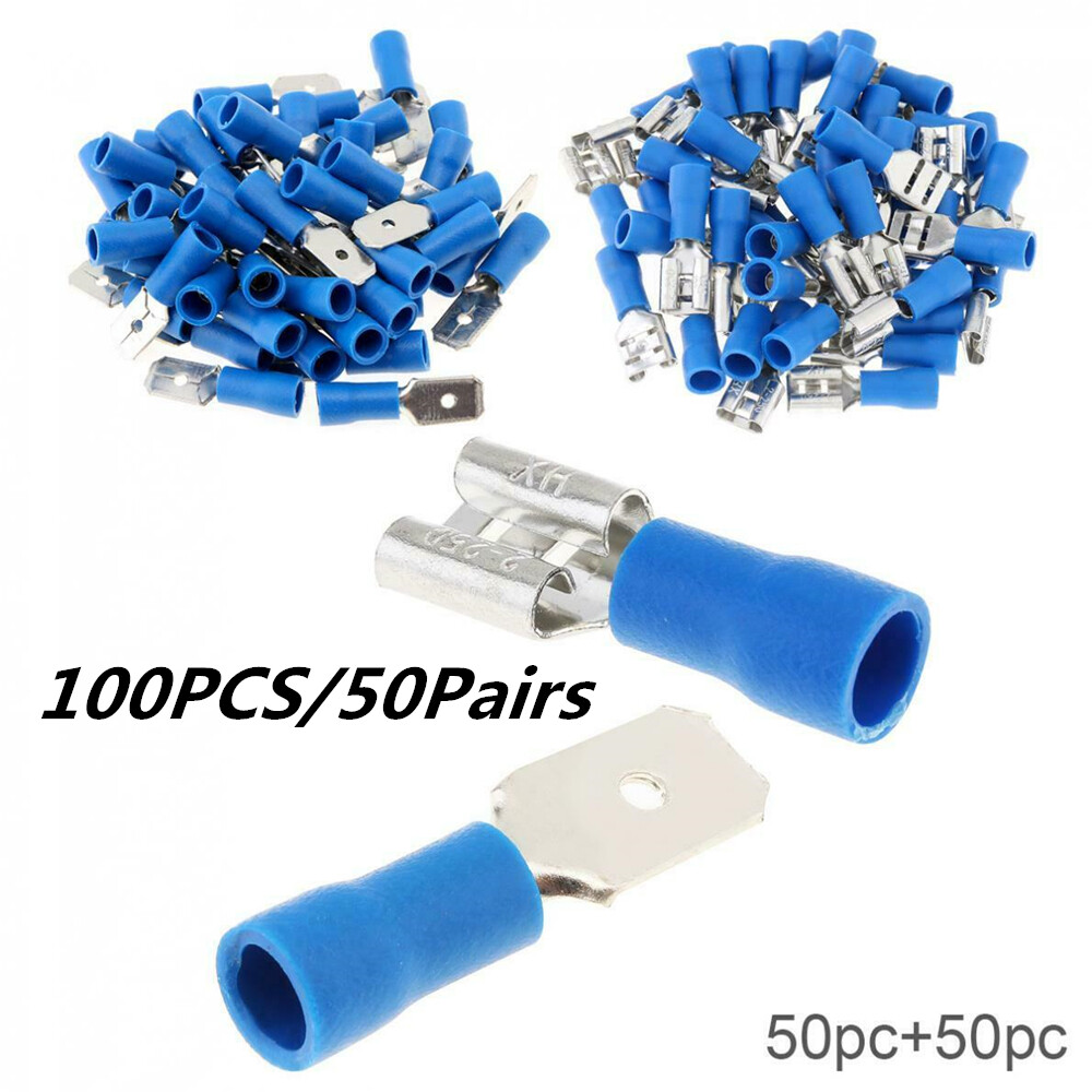 50 Pairs Quick Disconnects 16-14AWG Wire Crimp Terminals Blue FDD2-250/MDD2-250
