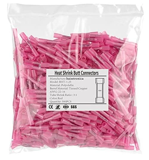 500PCS Red Heat Shrink Butt Connectors AWG22-16, Marine AWG22-16 Red 500pcs