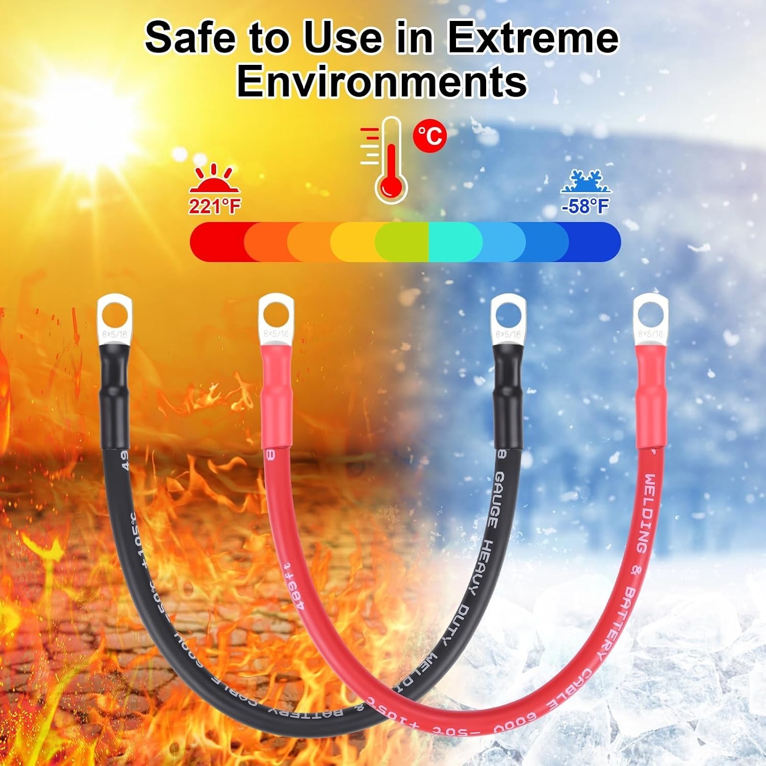 8 Gauge Battery Cable 1ft with Lugs for Automotive & Marine Power