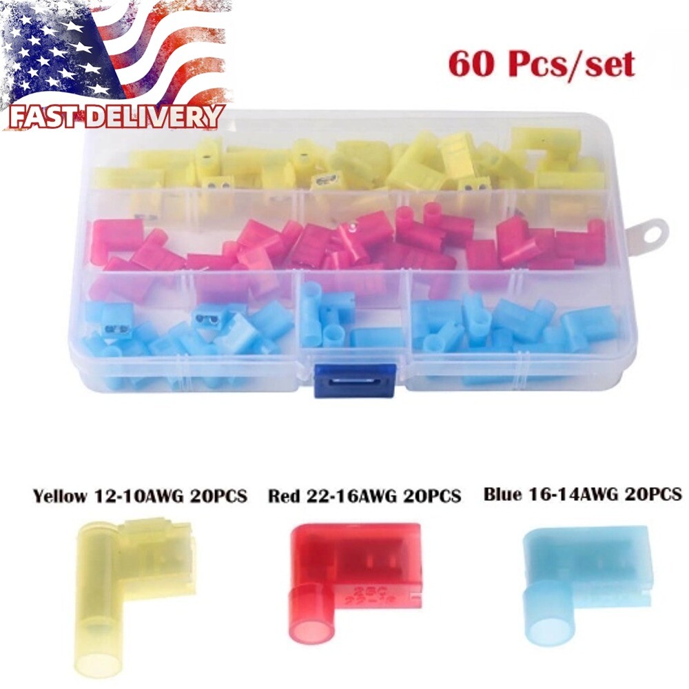 60Pcs Flag Female Spade Terminal Right Angle Insulated AWG22-10 Crimp Connectors