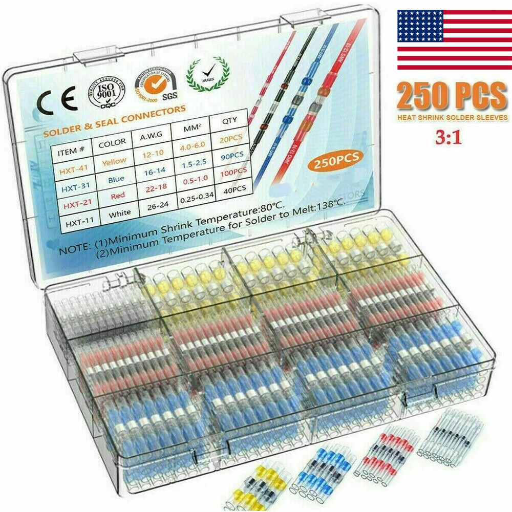 250Pcs Waterproof Solder Seal Sleeve Heat Shrink Butt Wire Connectors Terminals