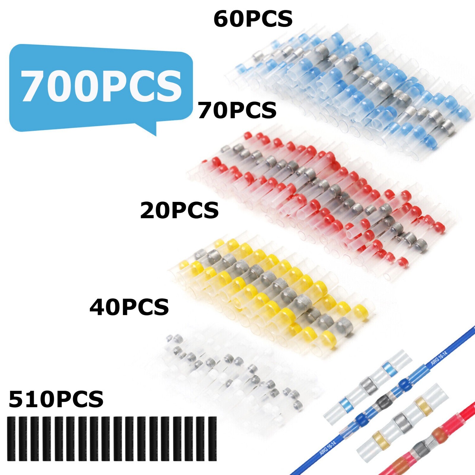 700PCS Solder Sleeve Seal Heat Shrink Butt Wire Connectors Terminals Waterproof