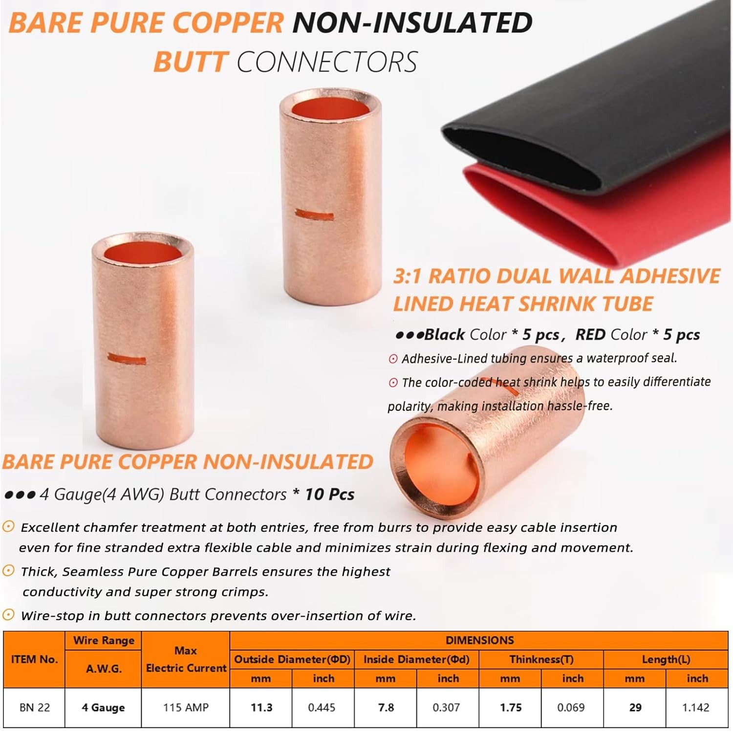 10PCS 4 Gauge Butt Connectors 4 AWG Non Insulated Butt Splice Connectors Unin…
