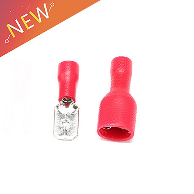 100pcs FDD 1.25-250 MDD1.25-250 6.3mm Red Female+Male Spade Insulated Connectors