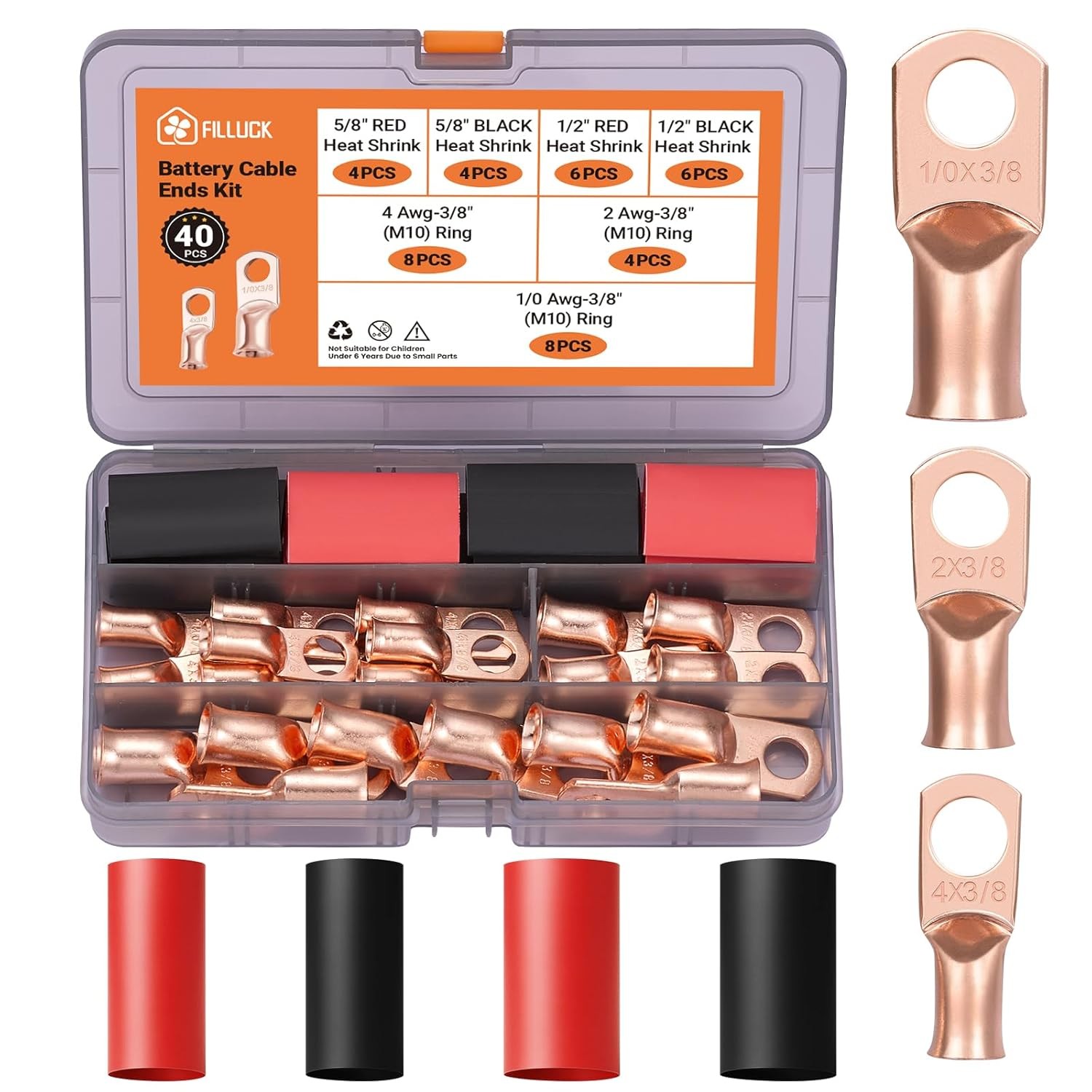 Filluck 40pcs Battery Cable Ends Kit,1/0 AWG 2 AWG 4 AWG Copper Lugs,0 Gauge …