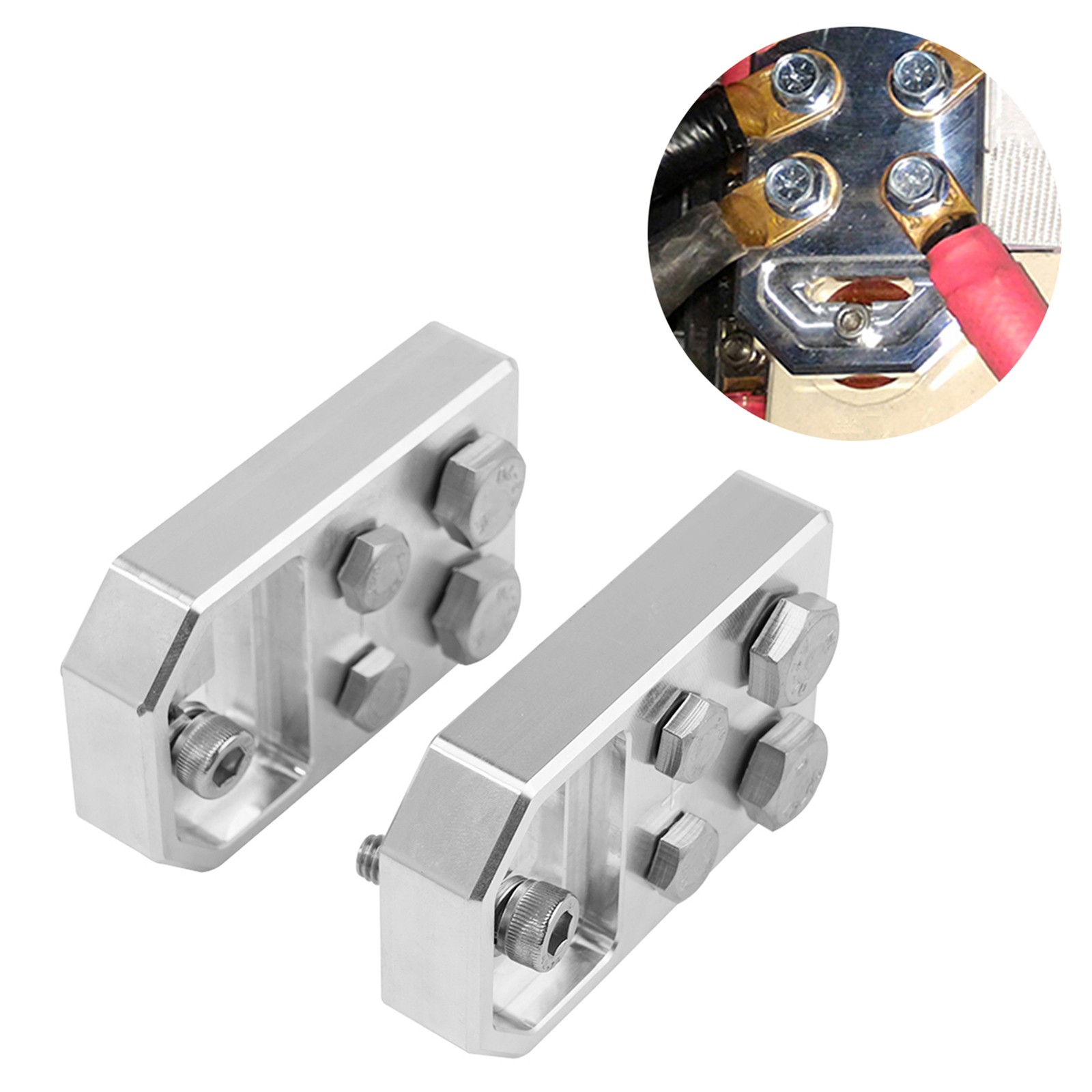 BEVINSEE Pair of 4 Spot Flat Lug Style Battery Terminal BOLT USE ONLY + –