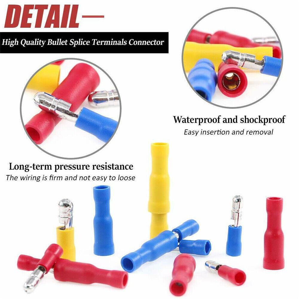 100pcs 10-22AWG Insulated Male Female Butt Splice Terminal Bullet Connector Kit