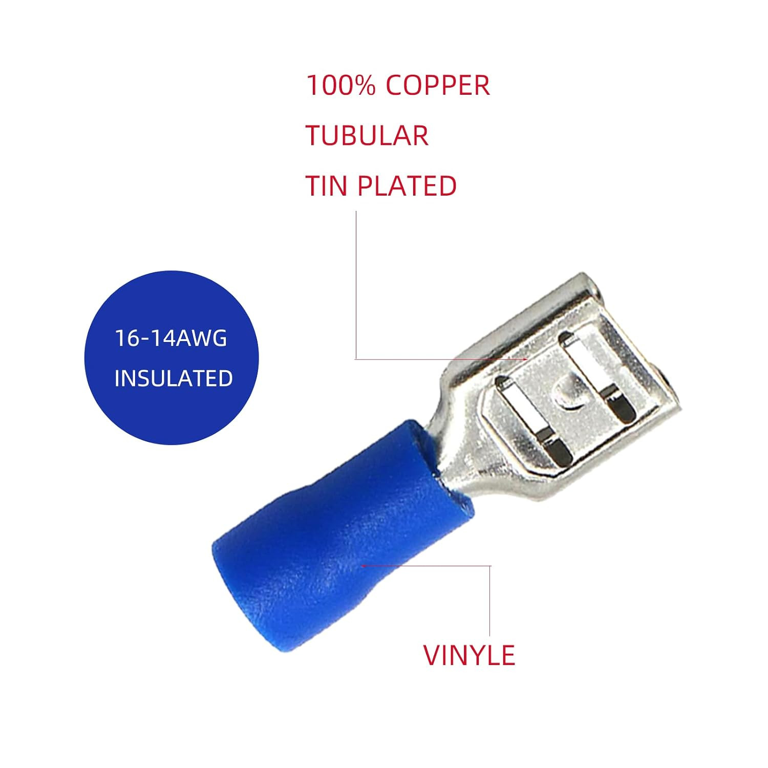 4.8Mm Female Spade Connector Vinyl Quick Disconnect Terminal Blue 0.128” 16-14