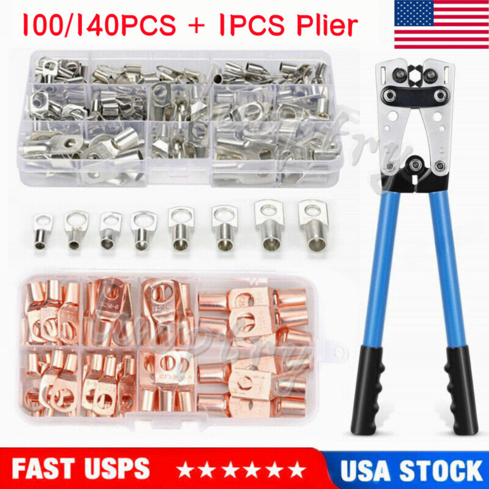 140/100X Cable Lugs Copper Ring Crimp Terminal/Plier Car Battery Wire Connectors