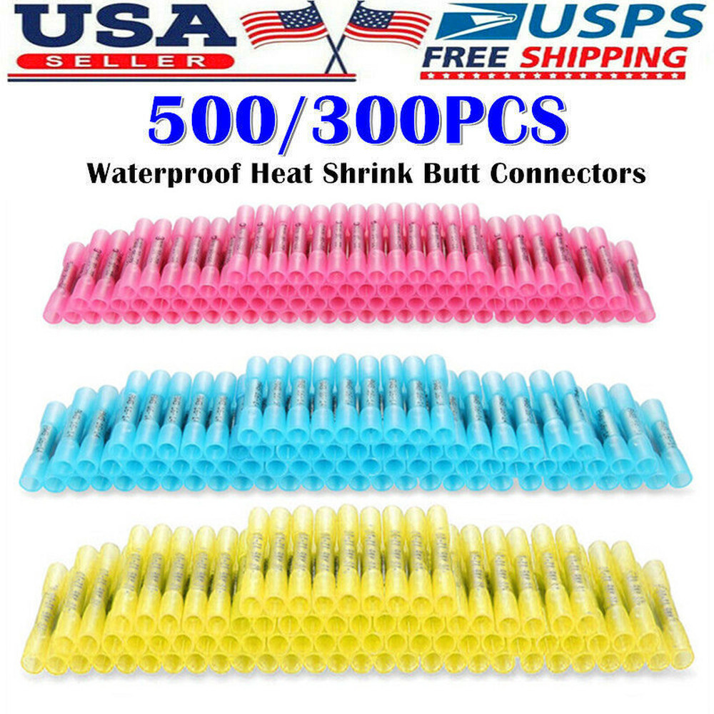 500/300PCS 22-10AWG Heat Shrink Butt Wire Splice Connectors Seal Crimp Terminals