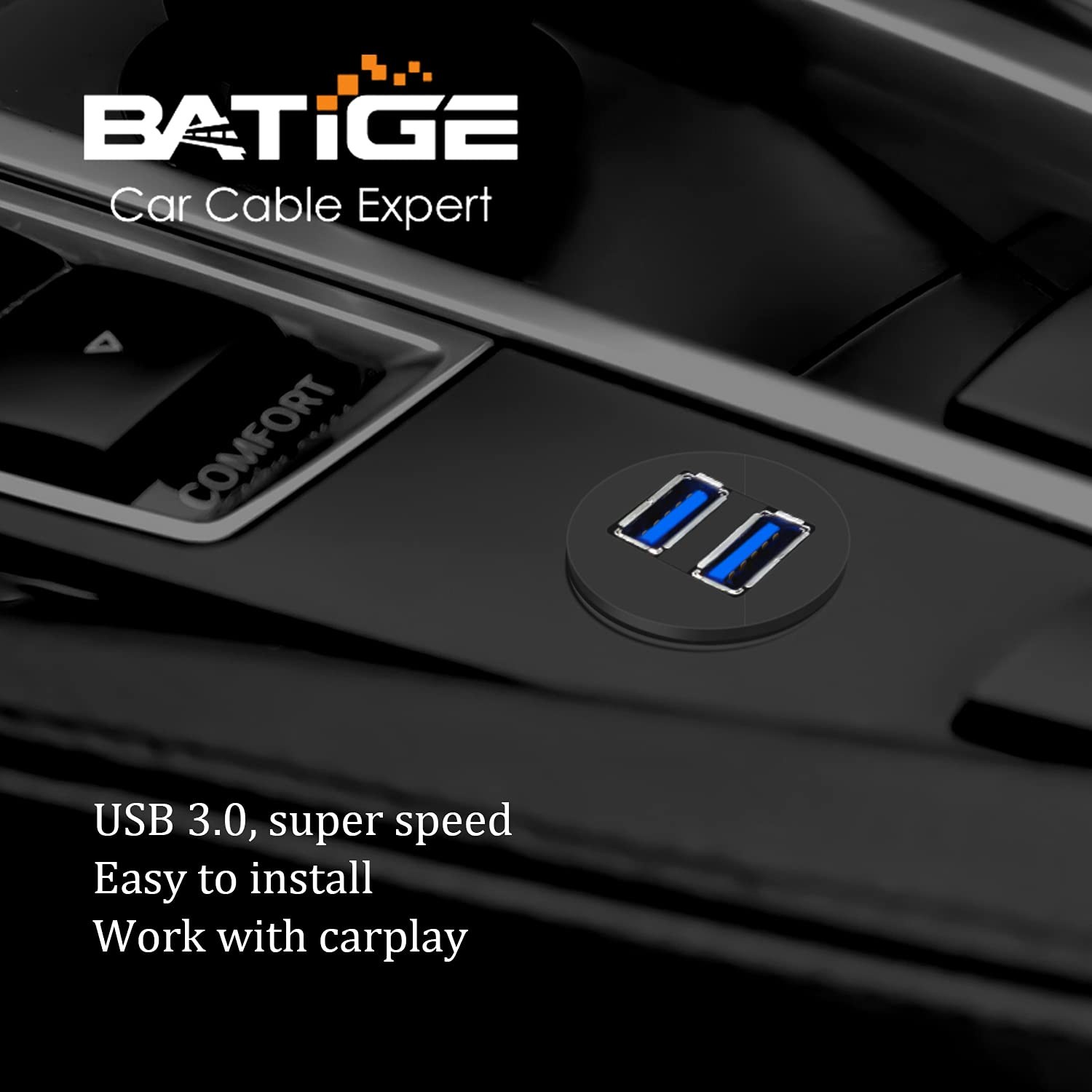 BATIGE 2 Ports Dual USB 3.0 Male to Female AUX Flush 1pcs 3ft, Black